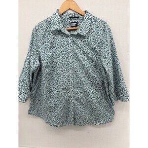 Land's End Women's Blouse Plus Size 18W No Iron Blue Floral 3/4 Sleeve
